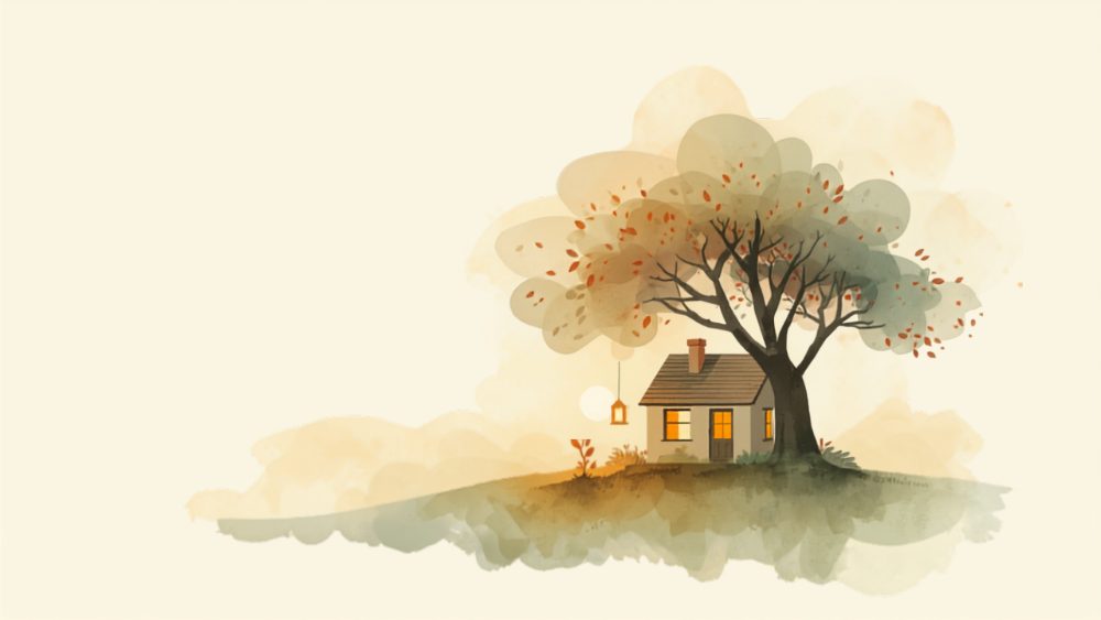 Soft watercolor scene with a cozy home, sheltering tree, and a glowing lantern in autumn light