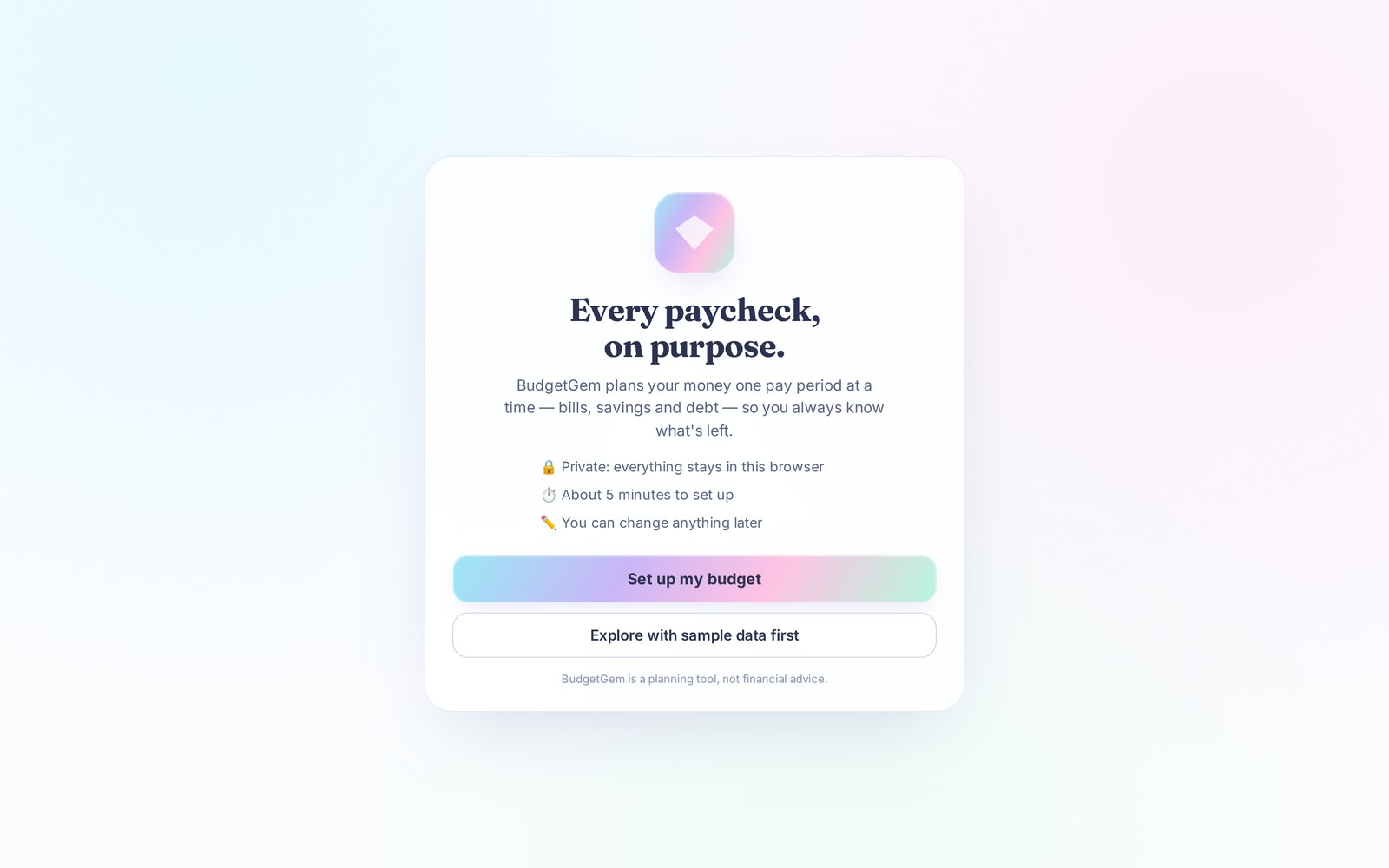The BudgetGem welcome screen with buttons to set up a budget or explore sample data