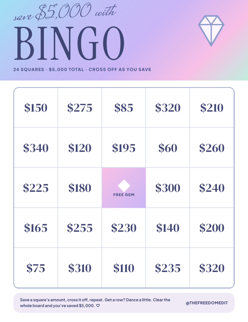 Printable savings bingo board that adds up to $5,000