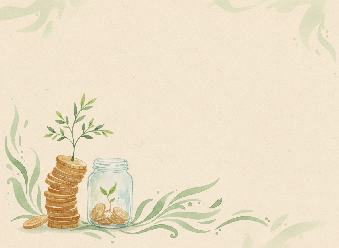 Watercolor illustration of a sapling growing from a stack of coins next to a savings jar