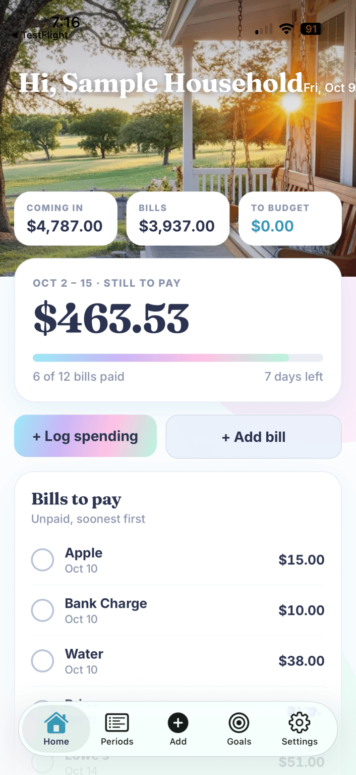 BudgetGem home screen showing what is still to pay this pay period, with bills due soonest first