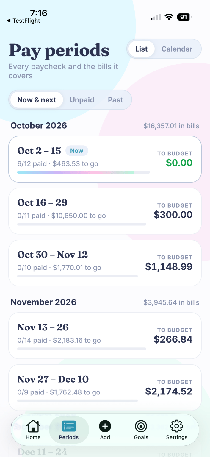 BudgetGem pay periods list showing how much is left to budget on each paycheck