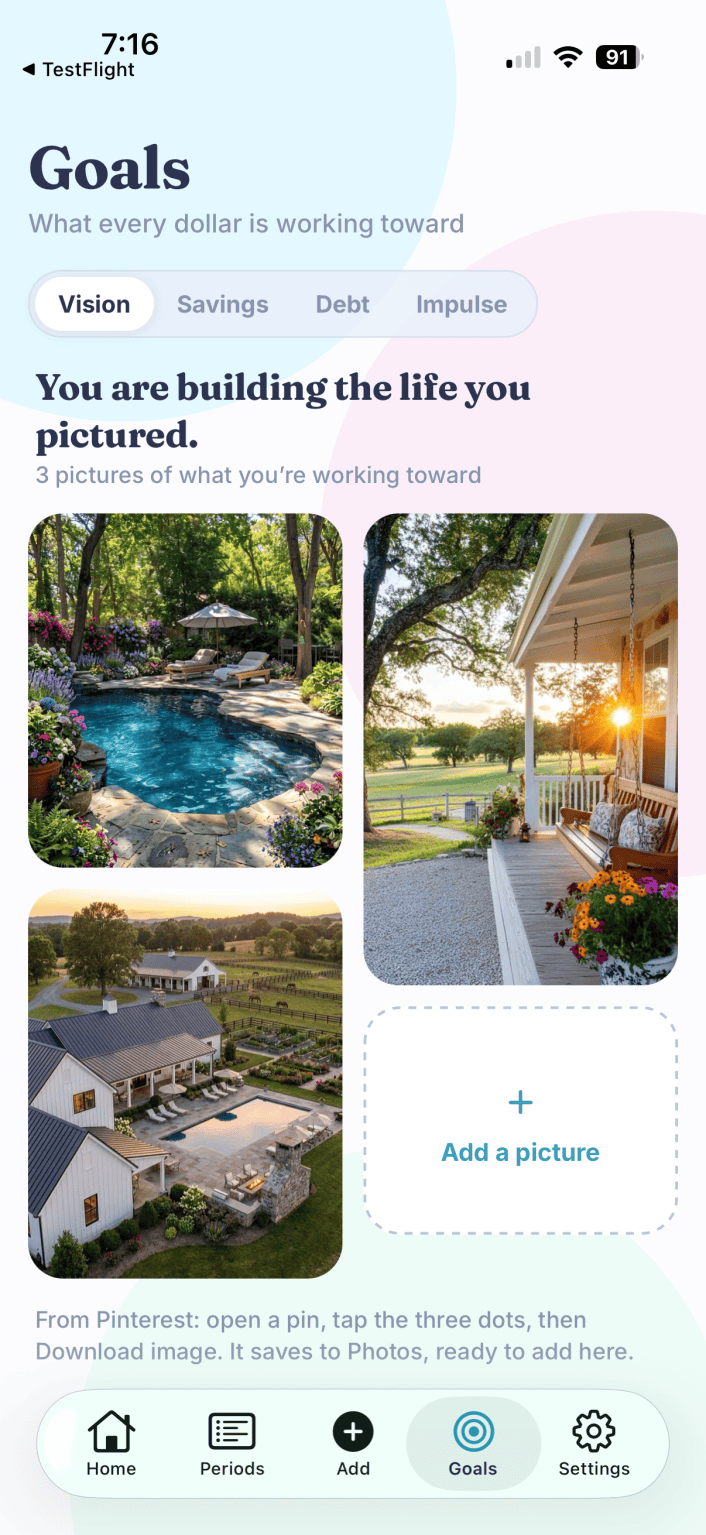 BudgetGem vision board with pictures of what you are saving for