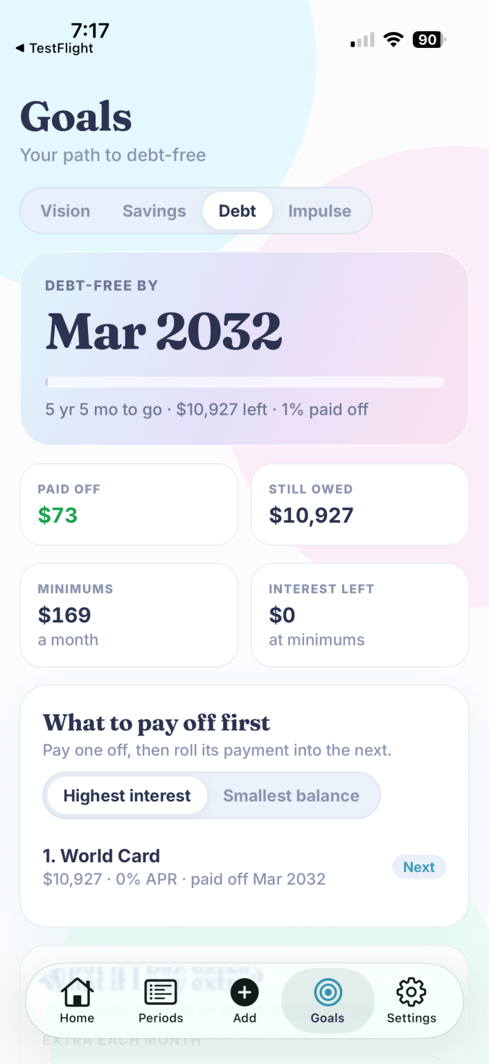 BudgetGem debt tracker with an estimated debt-free date and payoff order