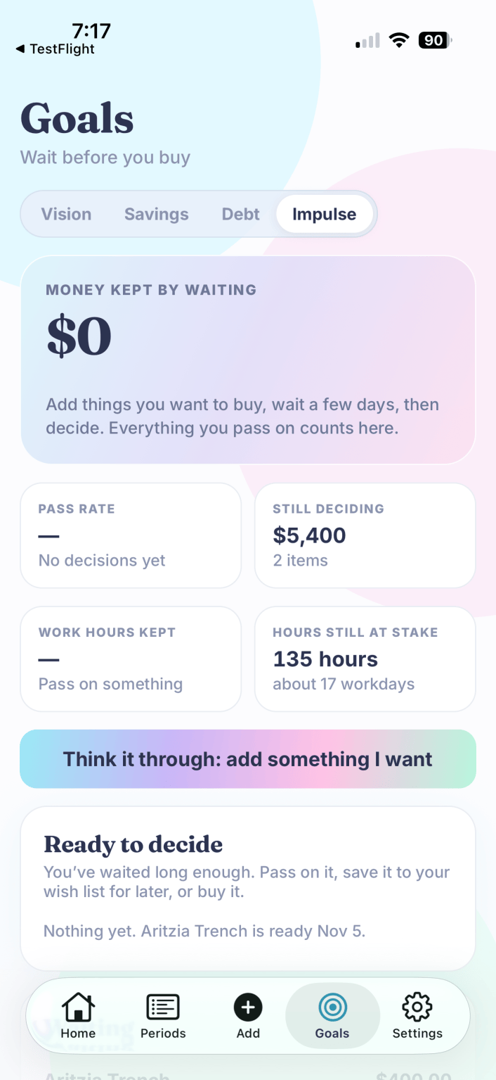 BudgetGem Should I buy it screen that lets a purchase wait before you decide