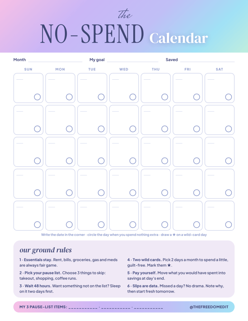 Printable no-spend month calendar with ground rules